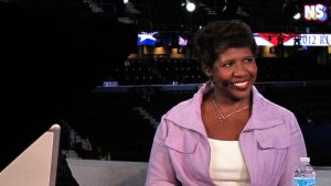 Gwen Ifill, Co-anchor of PBS NewsHour's 2012 political coverage, listens to a response from New York Times columnist David Brooks as they do a dress rehearsal on Sunday afternoon in advance of the opening of the Republican National Convention in Tampa, Fla. The opening official convention has been delayed until Tuesday due to the presence of Tropical Storm Isaac in the Gulf of Mexico off Florida's west coast. Photo by Tom Kennedy/PBSNewsHour